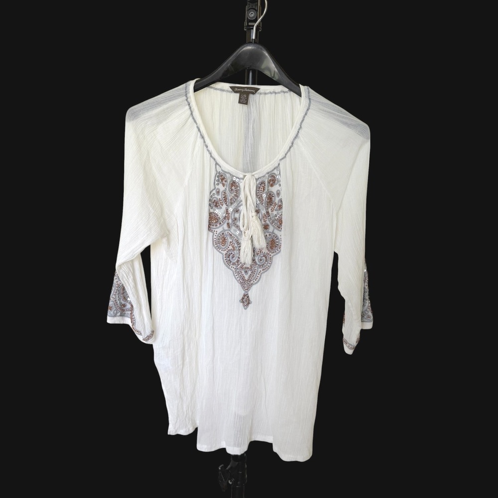 Tommy Bahama White Cotton Gauze Sequin Embroidered Peasant Blouse Top Large L